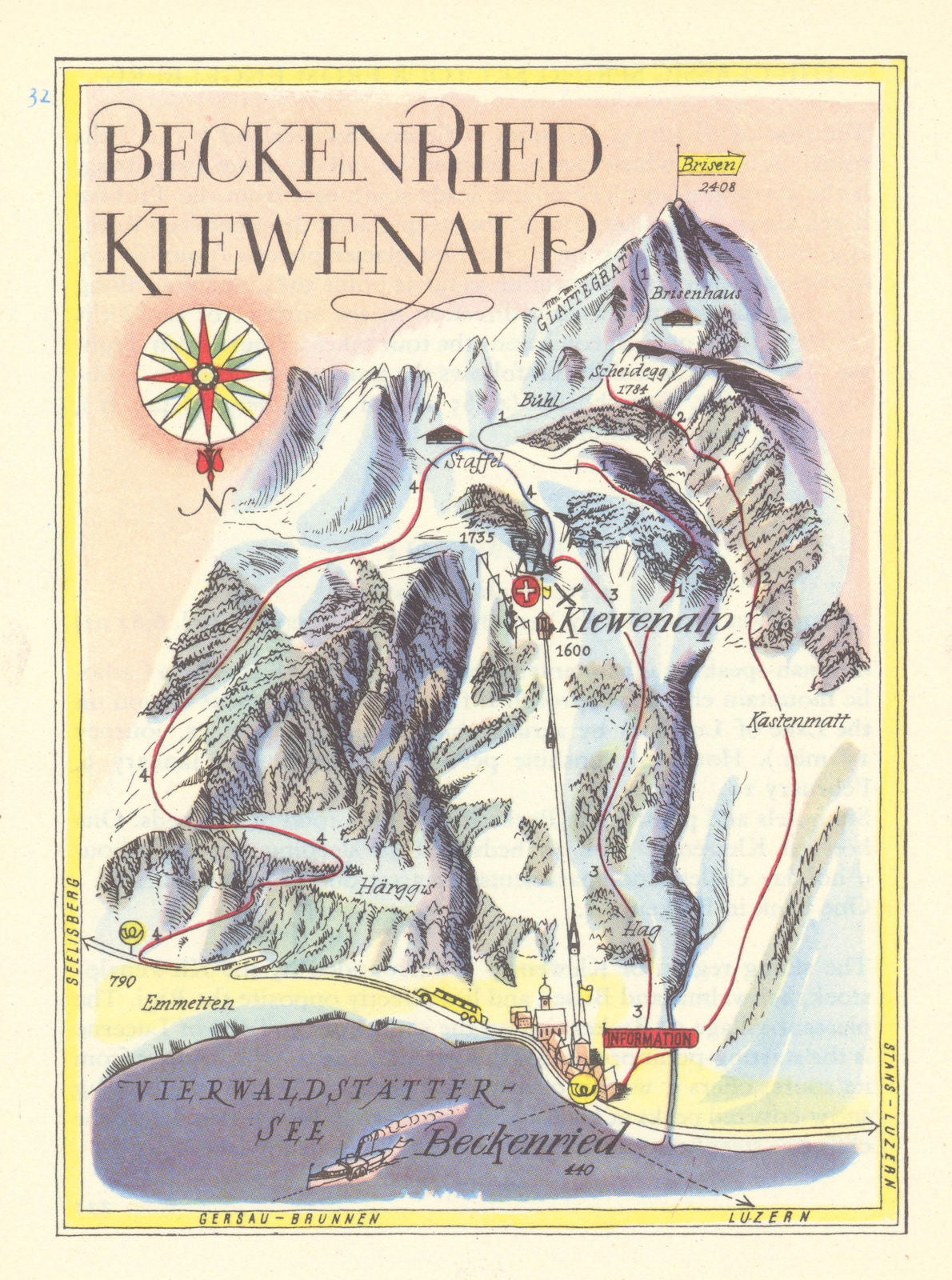 Beckenried Klewenalp small ski resort piste/trail map by Otto Müller 1949